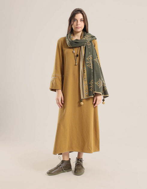 Reversible long aline dress with V neckline and embroidery on sleeves